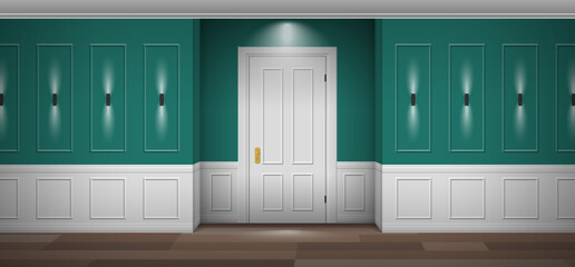 classic interior corridor entrance door lamps hallway front view vector illustration