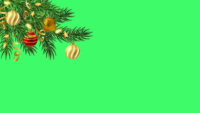 Looped animation of a green Christmas tree branch with Christmas balls, a garland, and a serpentine on a transparent background. Decoration frame for New Year's videos.
