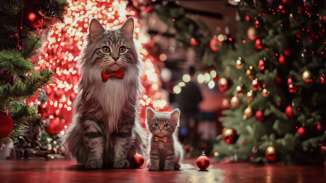Two cats, mum and her kitten with small bows standing among Christmas decorations.