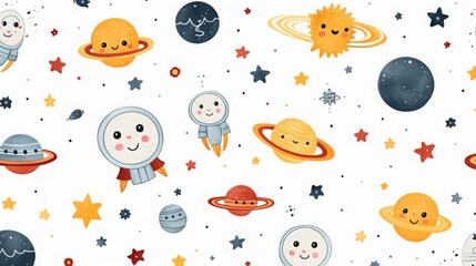 Fototapeta premium cute pattern of space related objects, simple, children's drawing, flat colors, white background, 16:9