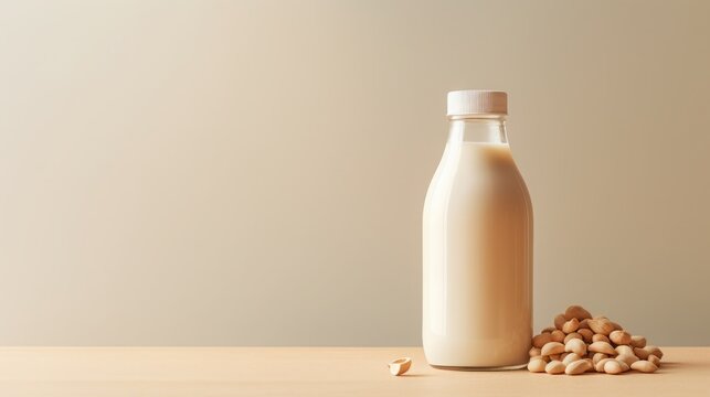 beige background, a milk bottle and peanuts for sale, in the style of minimal retouching, copy space, 16:9