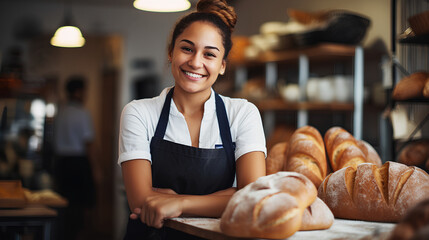 Close-up of a baker, smiling, young and attractive woman, bakery. Generative IA - obrazy, fototapety, plakaty