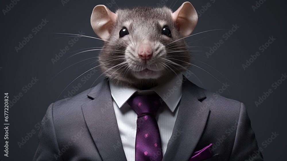 Poster a rat wearing a suit and tie with a suit jacket and tie on it's lapel, with the head of a rat in the