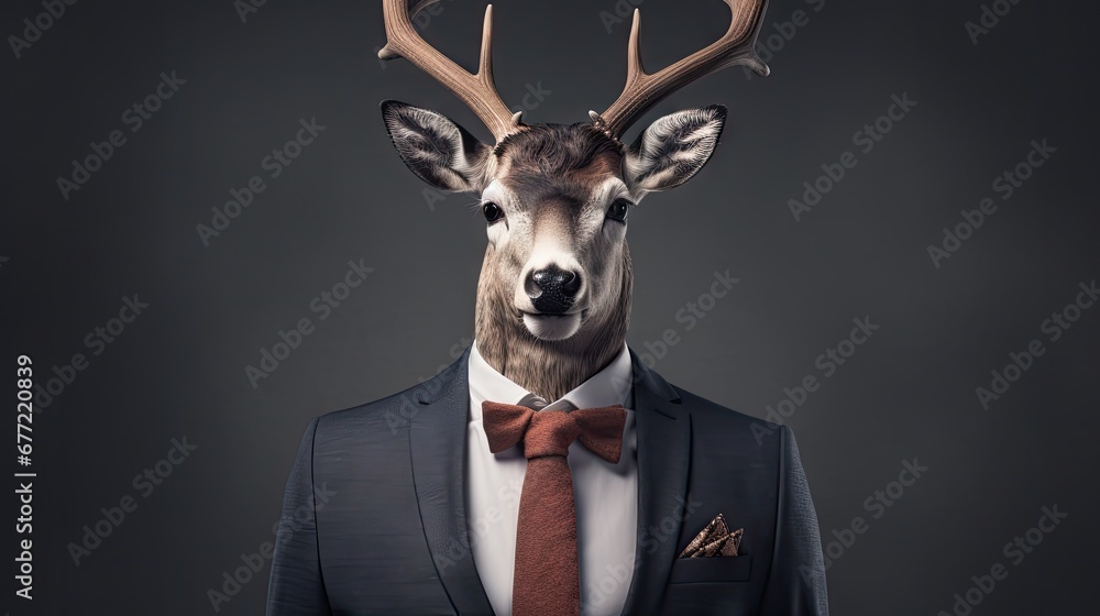 Canvas Prints  a man in a suit with a deer's head on his head and a bow tie on his lapel.  generative ai