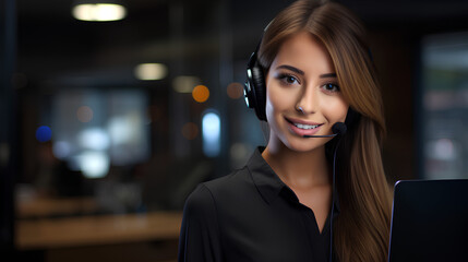 Close-up of a smiling, young and attractive female receptionist serving customers. Generative IA - Powered by Adobe