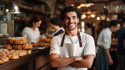 Close-up of a baker, smiling, young and attractive man, bakery. Generative IA - obrazy, fototapety, plakaty
