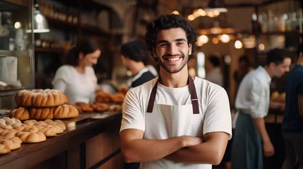 Fotobehang Close-up of a baker, smiling, young and attractive man, bakery. Generative IA © Massimo Todaro