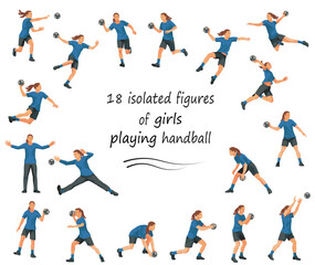 Fototapeta na wymiar Team of girls playing women's handball in blue T-shirts in various poses training, running, jumping, throwing the ball on a white background