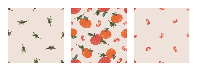 Vector seamless pattern set with tangerine, fir twig on beige background. Merry Christmas and New Year symbol texture. Hand drawn festive design for textile, wrapping, prints, wallpaper