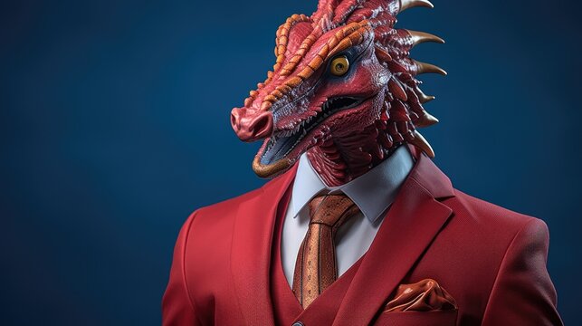  a man in a red suit with a dragon mask on his head, set against a blue background The man is wearing a red blazer, white shirt, and brown tie, and the dragon mask 