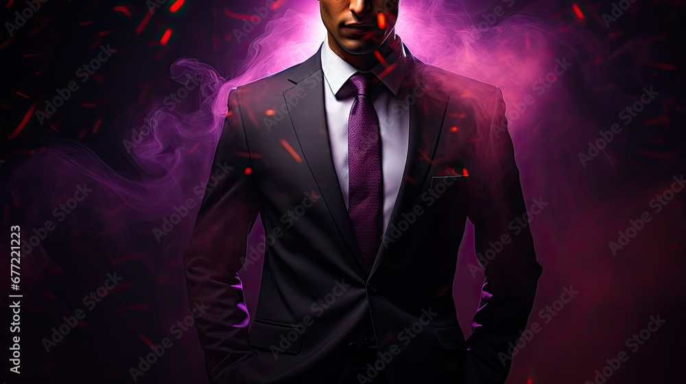 Poster a man in a suit and tie standing in front of a dark background with red and pink confetti. generativ