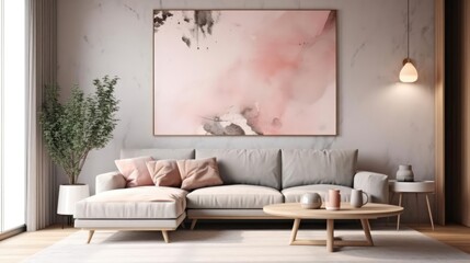 Grey sofa with pink pillows and blanket against white wall with abstract art poster Interior design of modern living room Created