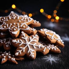 Tasty decorated gingerbread on a dark background. Christmas pastry. Generative AI.