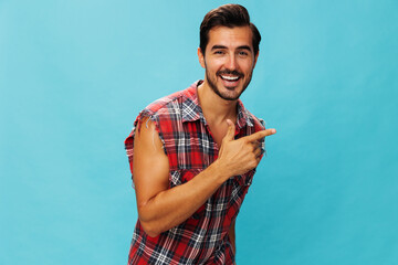 Attractive man plaid friendly trendy travel arm shirt background guy confident blue happy smile