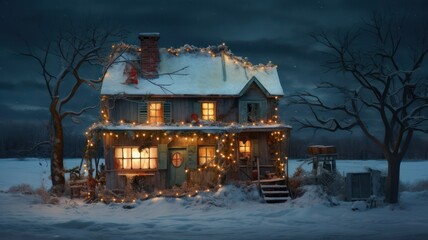 Fototapeta premium Winter house with little lights created with Generative AI