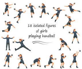 18 figures of girls playing handball in black uniforms training, standing, running, rushing, jumping, catching, throwing the ball