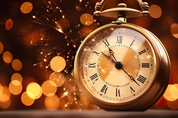 Fototapeta na wymiar Close up of beautiful golden antique clock with roman numerals on a festive lights background