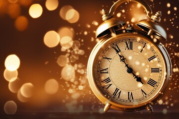 Close up of beautiful golden antique clock with roman numerals on a festive lights background - Powered by Adobe