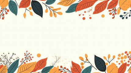 Hand drawn horizontal banner pattern with autumn bright leaves and berries in retro color template Flat doodle style Vector