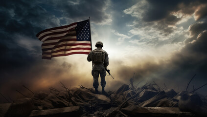 US soldier standing with USA flag on battlefield....