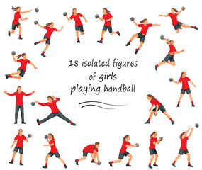 18 girl figures of women's handball players and goalkeepers in red uniforms standing in the goal, running, throwing the ball, jumping