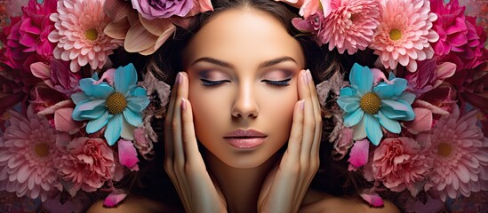 The beautiful young woman with cute hands was surrounded by a garden of flowers as people admired her beauty at the spa She embodied the essence of the beauty industry representing both the