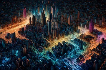 Abstract digital cityscape formed by interconnected circuits and data streams, glowing in a palette of vibrant colors.
