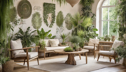 Nordic Oasis, Greenery, light woods, and nature-inspired decor for a refreshing Scandinavian retreat.