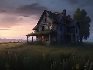 AI-Generated Scene: Eerie Abandoned Farmhouse in a Meadow at Dusk