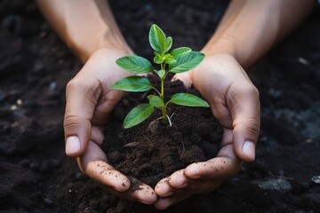 Hands holding green seedling with soil background. Save earth concept.