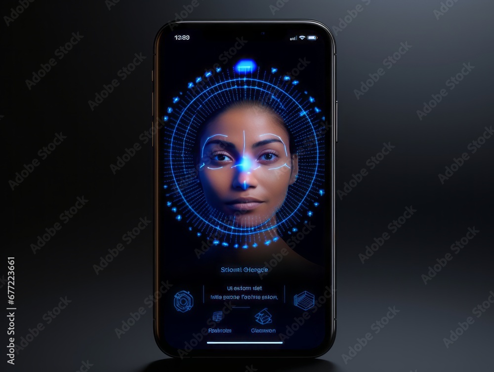 Aufkleber Innovative Security: Explore a Product Mockup for an App Showcasing Cutting-Edge Technology with Facial Scan and Biometric Fingerprint Icons, Redefining Digital Authentication and User Interface