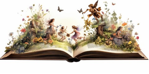 watercolor, fairytale scene of fairies dancing on a book isolated on a white background - obrazy, fototapety, plakaty