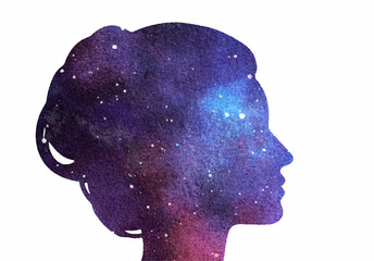 Vector illustration of woman head silhouette with space watercolor - obrazy, fototapety, plakaty
