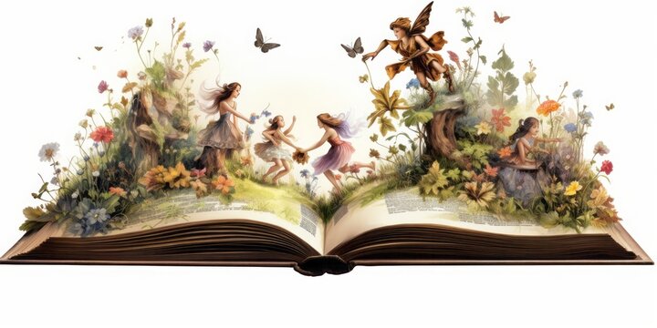 watercolor, fairytale scene of fairies dancing on a book isolated on a white background