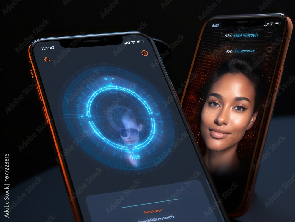 Aufkleber Innovative Security: Explore a Product Mockup for an App Showcasing Cutting-Edge Technology with Facial Scan and Biometric Fingerprint Icons, Redefining Digital Authentication and User Interface