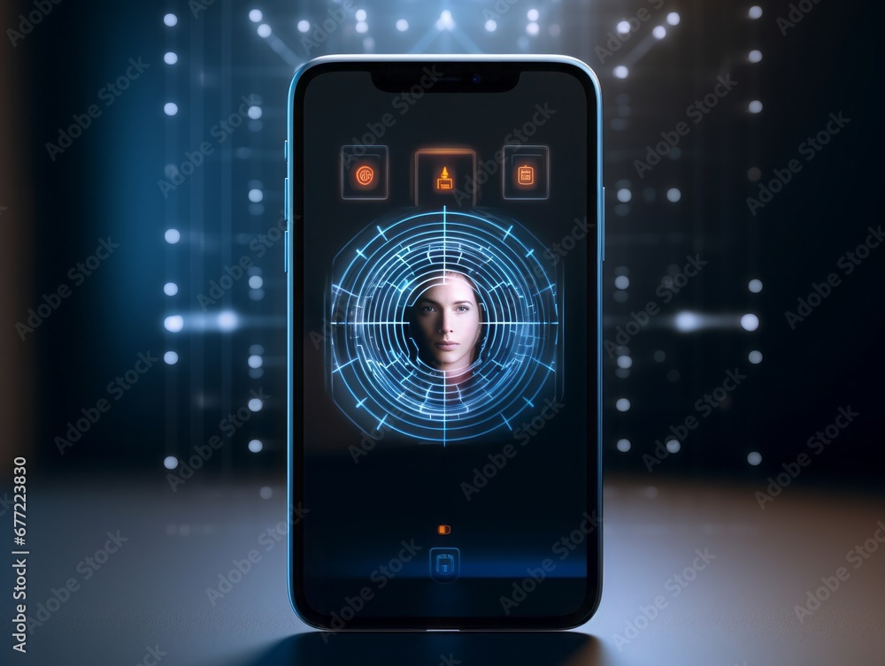 Aufkleber Innovative Security: Explore a Product Mockup for an App Showcasing Cutting-Edge Technology with Facial Scan and Biometric Fingerprint Icons, Redefining Digital Authentication and User Interface