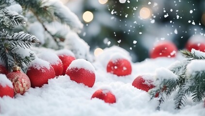 Christmas and New Year background. Red Christmas balls on the snow.