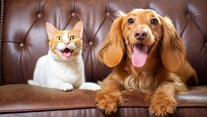 Happy Cocker Spaniel and Orange Tabby on Leather Couch
