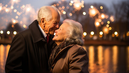 Elderly Couple Embracing by Lake with Fireworks