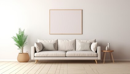 Modern Living Room with White Sofa and Blank Picture Frame