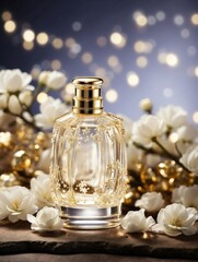 Obraz na płótnie Canvas white and golden perfume bottle surrounded by white flowers and roses. Festive atmosphere with golden lights. still life photographic set. Product photography