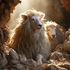 two sheep surrounded by fluffy fleece, sunrays shining through the cave entrance, generative ai