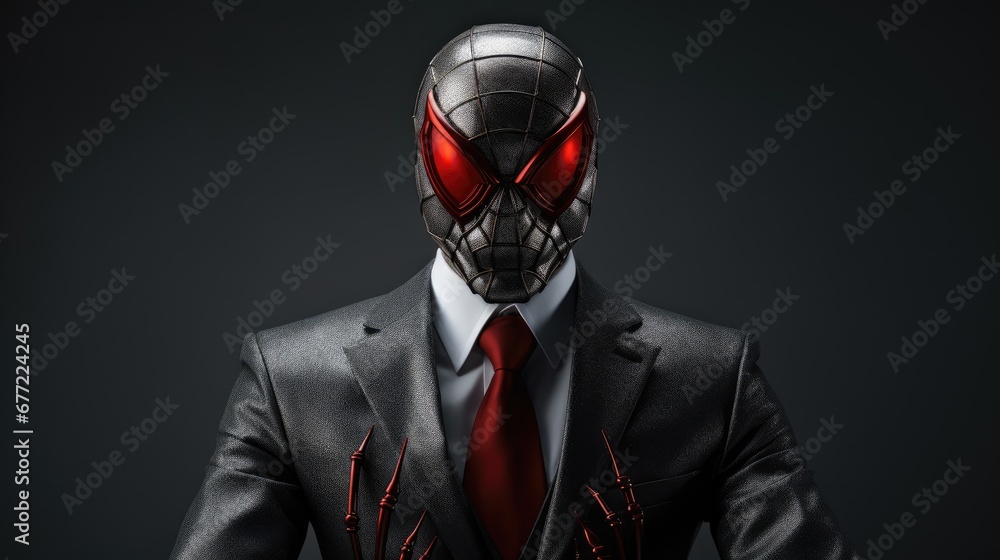 Poster a man in a suit with red eyes and a suit with a red tie is standing in front of a black background. 