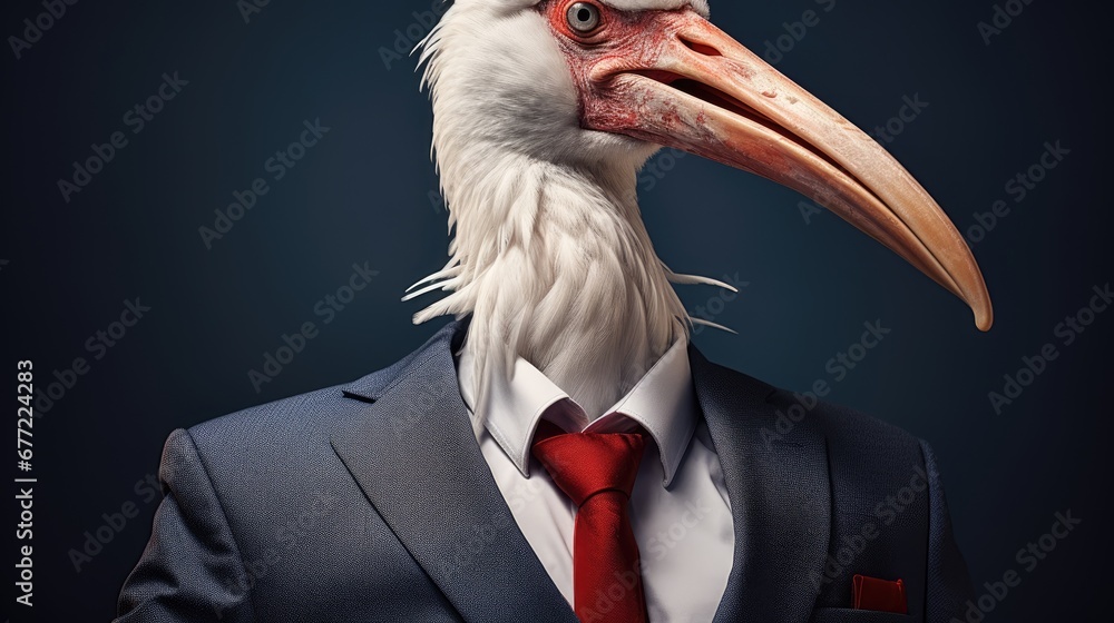 Poster a close up of a bird in a suit with a red tie and a white bird with a long beak. generative ai