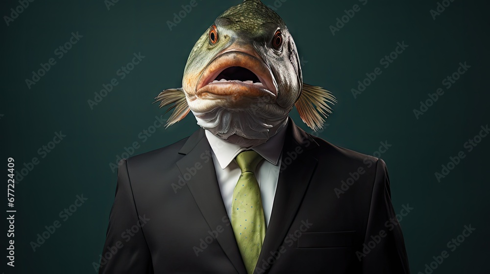 Poster a man in a suit and tie with a fish on it's face in front of a green background. generative ai