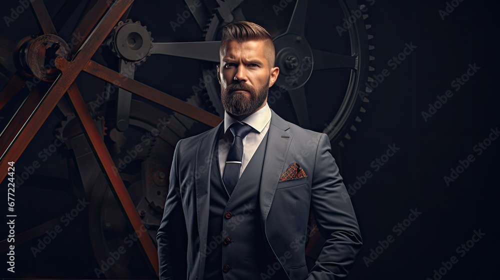 Aufkleber a man in a suit and tie standing in front of a wall of gears with a clock in the background. generat