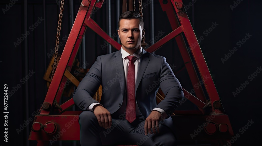 Poster a man in a suit and tie sitting in front of a red structure with chains hanging from it's sides. gen