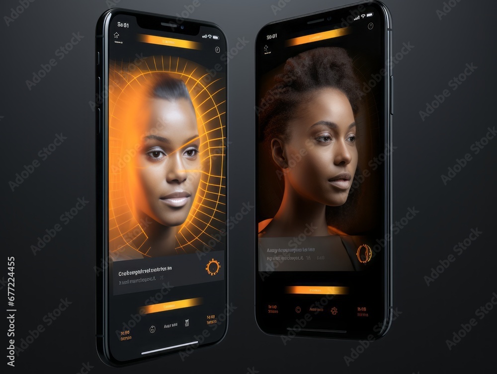 Poster Innovative Security: Explore a Product Mockup for an App Showcasing Cutting-Edge Technology with Facial Scan and Biometric Fingerprint Icons, Redefining Digital Authentication and User Interface