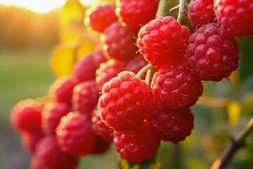 Close up of raspberry plant with ripe red raspberries outside with sunset. Agricultural concept of...