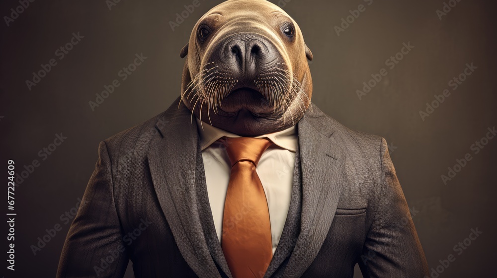 Poster a seal wearing a suit and tie with a surprised look on it's face while standing in front of a dark b